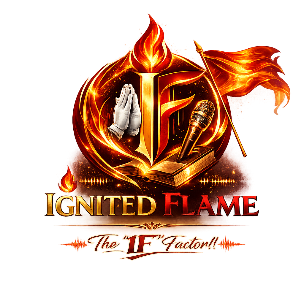 Ignited Flame Ministries logo with gold and red flames, praying hands, microphone, flag and open Bible