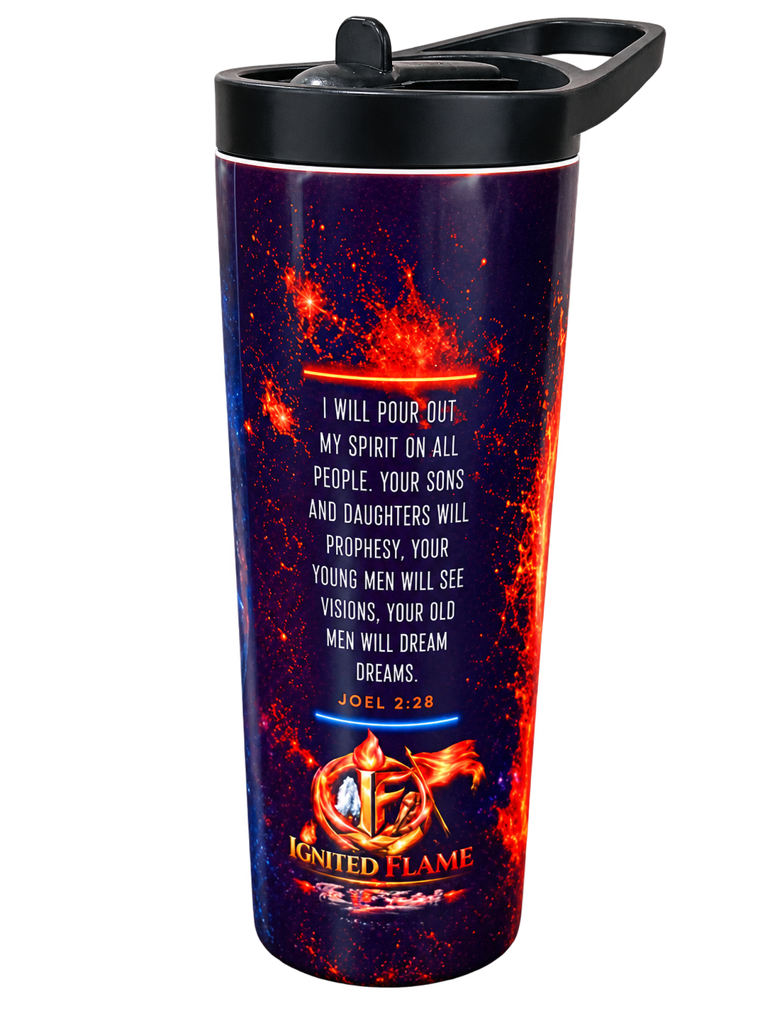 Back view of the Ruach and Akal Esh tumbler with Joel 2:28 scripture and Ignited Flame logo