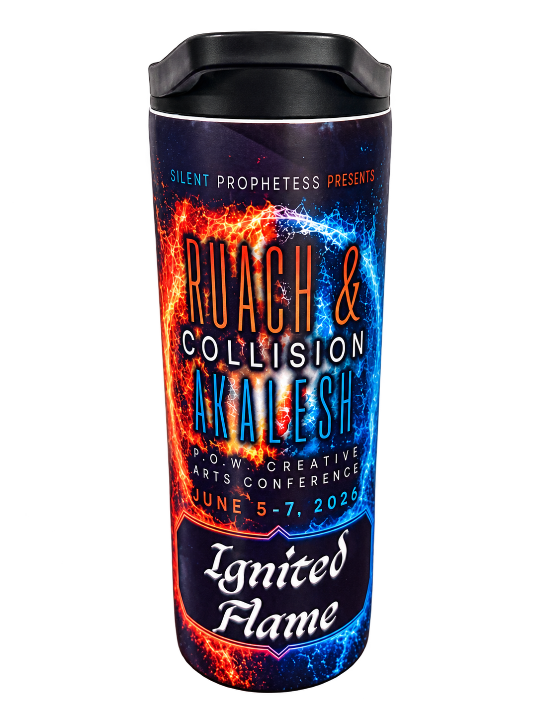 Front view of the special edition Ruach and Akal Esh tumbler with blue and orange artwork